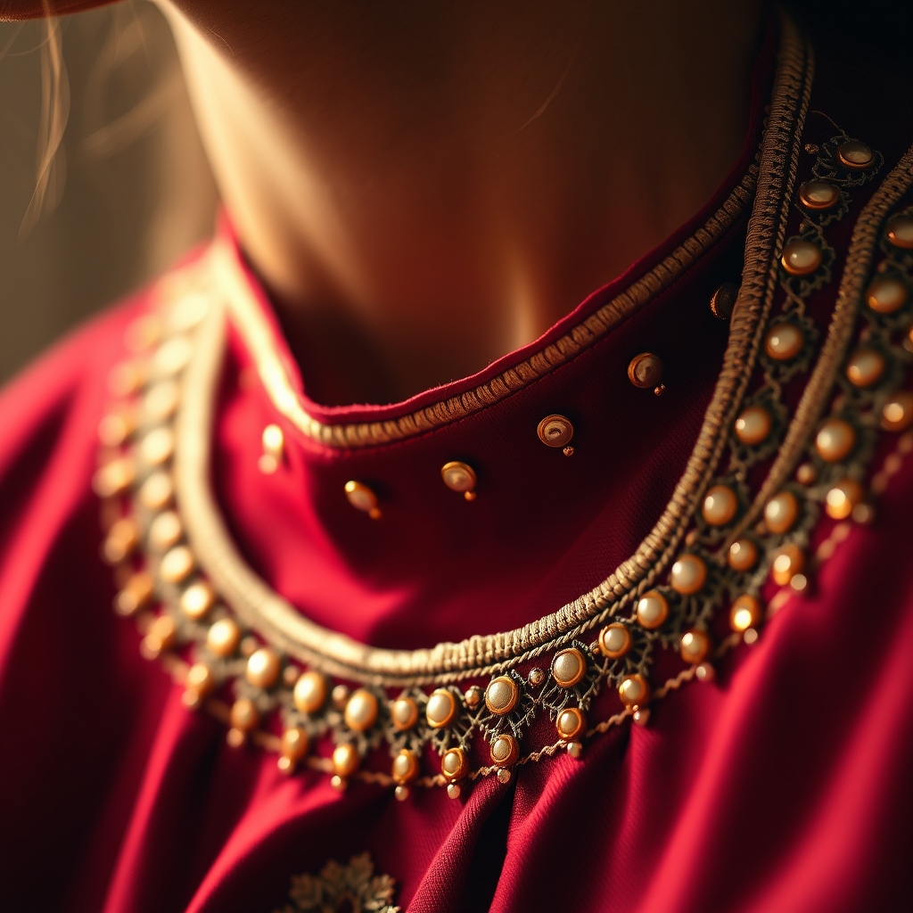 Home Gold zari embroidery and mirror work on a maroon kurti neckline stitched in Sri Muktsar Sahib