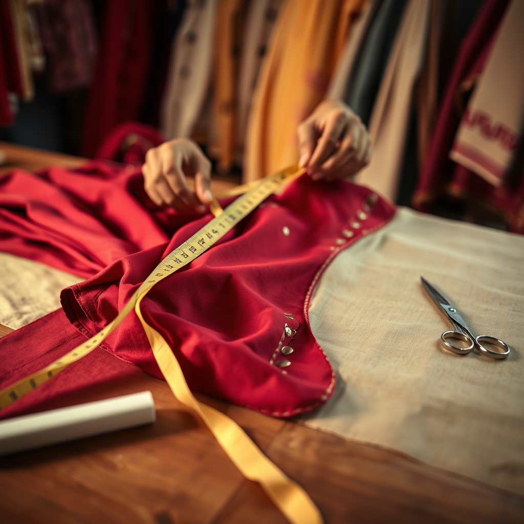 Home Measuring tape across maroon salwar suit fabric during ladies suit stitching in Sri Muktsar Sahib