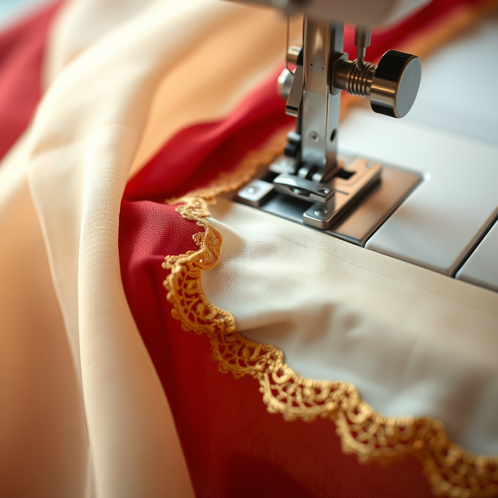 Home Fine rolled piko hem being finished on a chiffon dupatta border at Nirmal Boutique