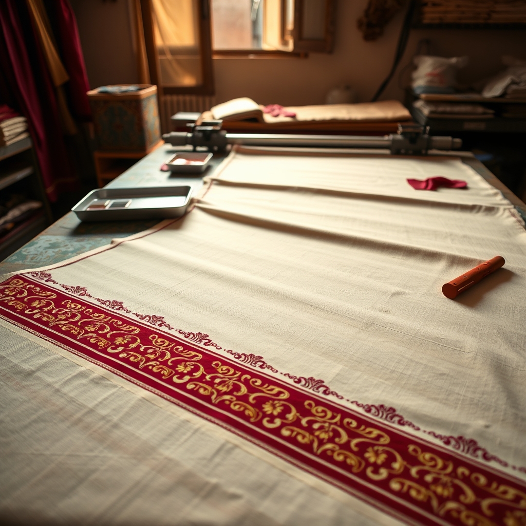 Printed border on cream suit fabric at Nirmal Boutique, Sri Muktsar Sahib