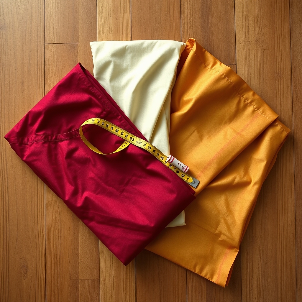 Unstitched salwar suit dress material in maroon, cream and gold folded on a table with a measuring tape and tailor's chalk